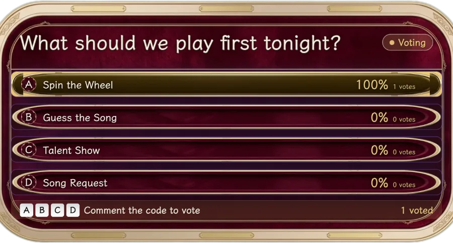 Chat Poll — Post a question with 2 to 10 options. Viewers vote by typing a code in chat and the count updates live. Good for quizzes and either-or questions.