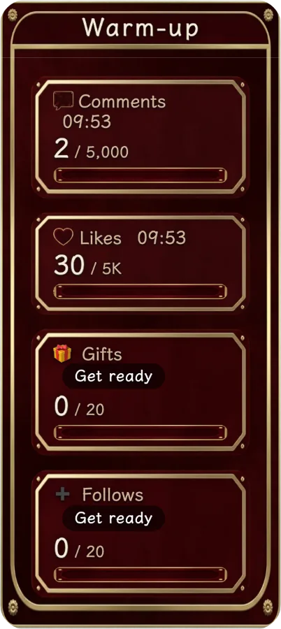 Interaction Goals — Set separate goals for comments, likes, gifts and follows. Viewers see the progress, and counting can continue after a goal is reached.