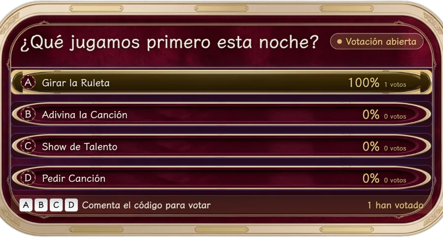 Encuesta por Chat — Plantea una pregunta con 2 a 10 opciones. Los espectadores votan escribiendo un código en el chat y el conteo se actualiza en vivo. Sirve para adivinanzas o preguntas de una u otra opción.
