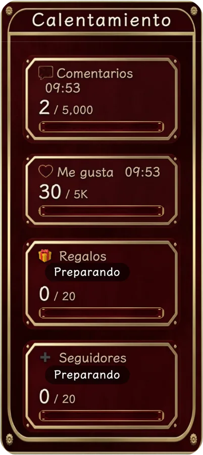 Metas de interacción — Pon metas separadas para comentarios, me gusta, regalos y seguidores. Los espectadores ven el progreso y puedes seguir contando al alcanzar la meta.