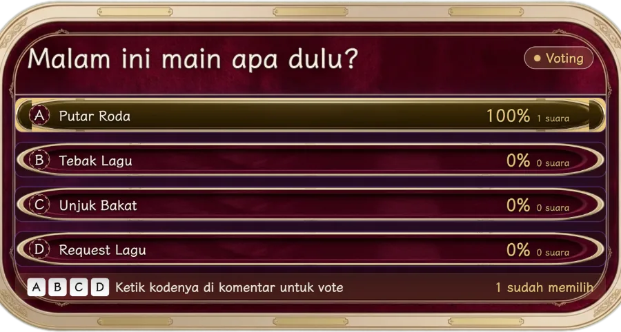 Voting Komentar — Buat satu pertanyaan dengan 2 sampai 10 pilihan. Penonton memilih dengan mengetik kode di kolom komentar, dan jumlah suara diperbarui langsung. Cocok untuk kuis atau pertanyaan pilih salah satu.