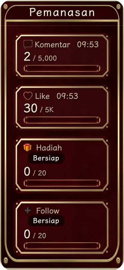 Target Interaksi — Atur target terpisah untuk komentar, suka, hadiah, dan pengikut. Penonton bisa melihat progres, dan hitungan dapat dilanjutkan setelah target tercapai.