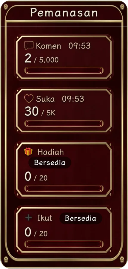 Sasaran interaksi — Tetapkan sasaran berasingan untuk komen, suka, hadiah dan pengikut. Penonton dapat melihat kemajuan, dan kiraan boleh diteruskan selepas sasaran dicapai.