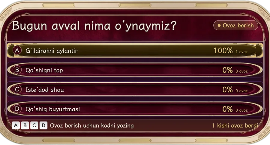 Chat soʻrovi — 2 tadan 10 tagacha variantli savol bering. Tomoshabinlar chatga variant kodini yozib ovoz beradi, natija jonli yangilanadi. Topishmoq yoki ikki variantli savollar uchun qulay.