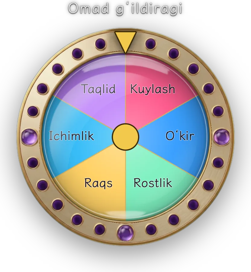 Omad / jazo charxi — Toʻrt xil koʻrinish: charx, karta ochish, fol choʻplari va shar mashinasi. Ehtimollarni oʻzingiz belgilaysiz. Jazo uchun ham, sovgʻa ulashish uchun ham ishlatsa boʻladi.