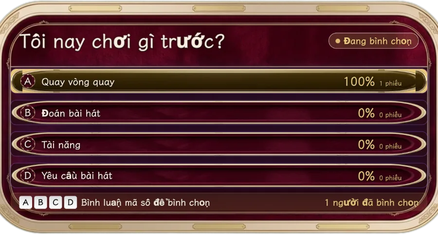 Bình chọn qua bình luận — Đặt một câu hỏi với 2 đến 10 lựa chọn, khán giả gõ mã trong bình luận để bình chọn, số phiếu cập nhật trực tiếp. Hợp cho đố vui hoặc câu hỏi chọn một trong hai.