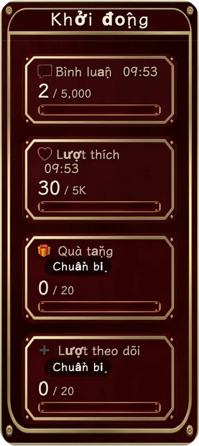 Mục tiêu tương tác — Đặt mục tiêu riêng cho bình luận, lượt thích, quà tặng và lượt theo dõi để khán giả thấy tiến độ. Có thể tiếp tục đếm sau khi đạt mục tiêu.