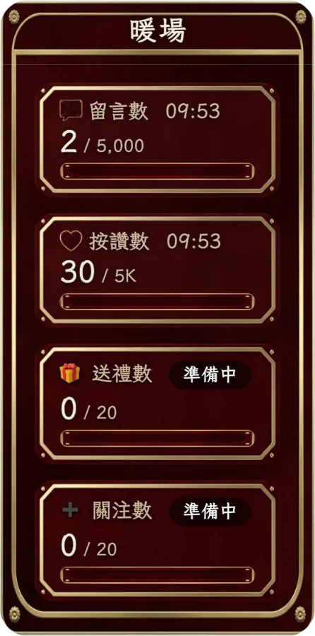 互動目標 — 替留言、按讚、送禮和關注各設一個目標,讓觀眾看到目前進度。達標後也能繼續累計。