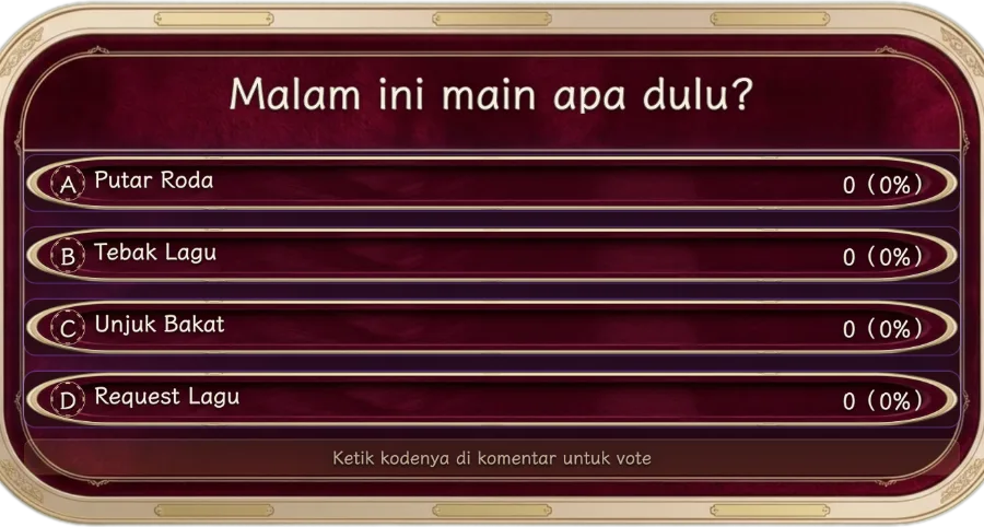 Voting Dua Pilihan — Penonton ketik kode di komentar buat voting, papan hasil real-time, bikin ritme interaksi makin seru.
