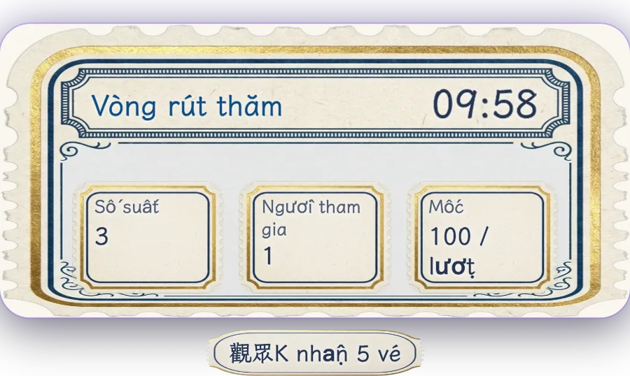 Vòng rút thăm — Vòng có hẹn giờ: mỗi lần tặng quà đạt ngưỡng kim cương sẽ đổi được vé rút thăm, càng nhiều vé càng nhiều cơ hội. Hết giờ là chốt danh sách, host tự chọn lúc quay số.