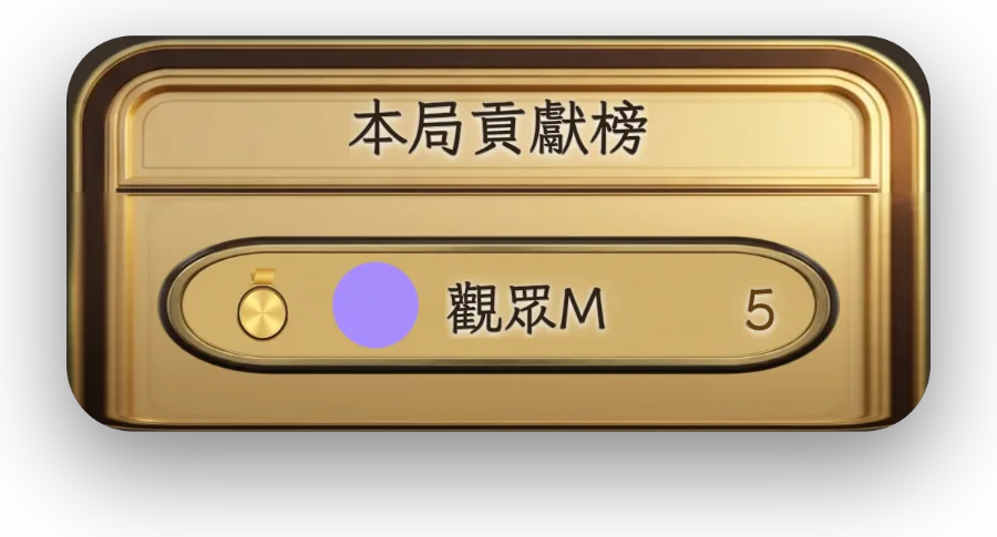 本局貢獻榜 — 本局大哥即時貢獻榜。結束後高光停留,給足大哥排面,刺激下輪再打賞。