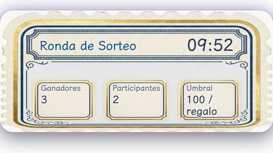 Ronda de Rifa — Los regalos dan boletos de rifa: cuantos más regalos, más probabilidades de ganar. El sorteo se hace en vivo al terminar la cuenta regresiva.